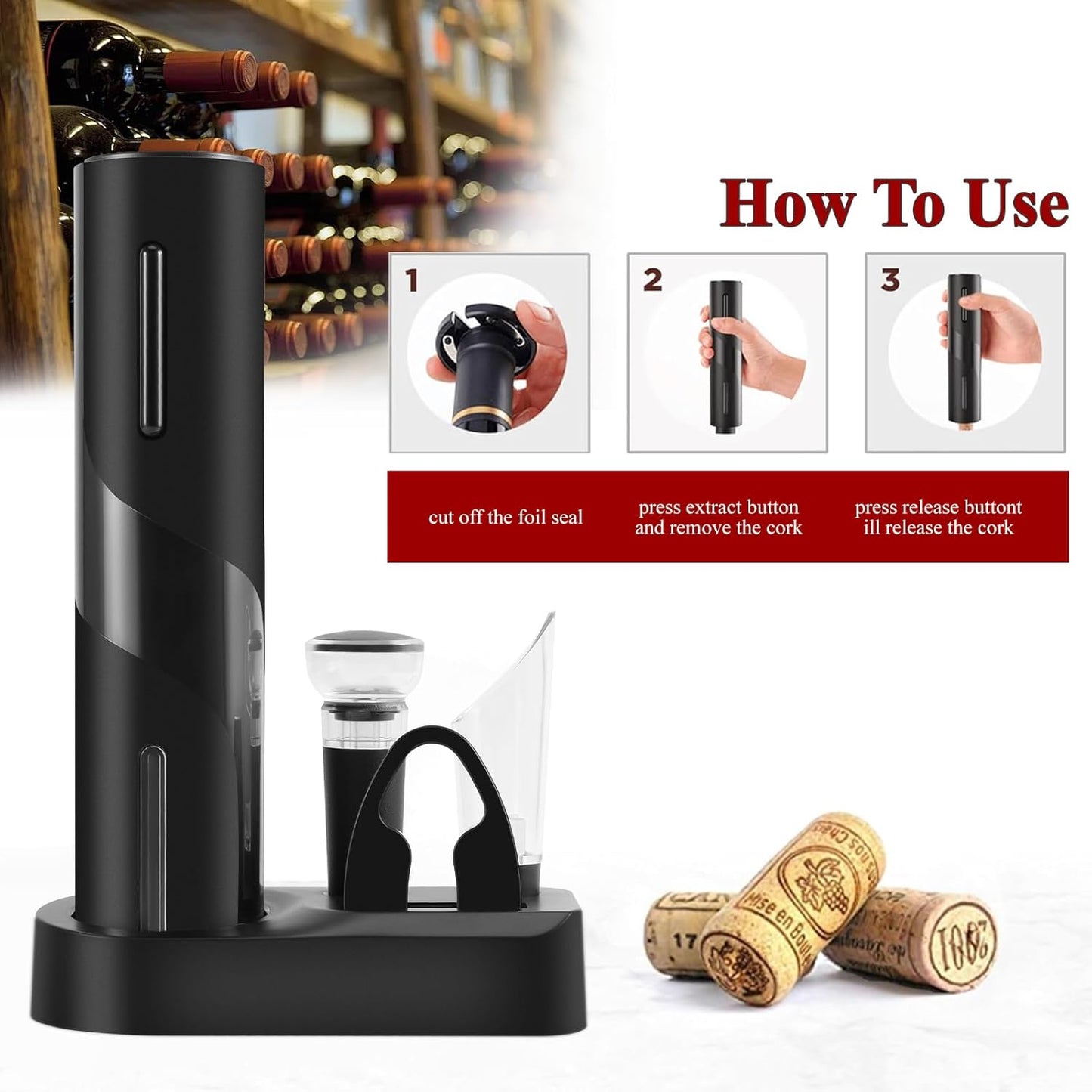 Rechargeable Electric Wine Bottle Opener Set with Stand, Black NEW