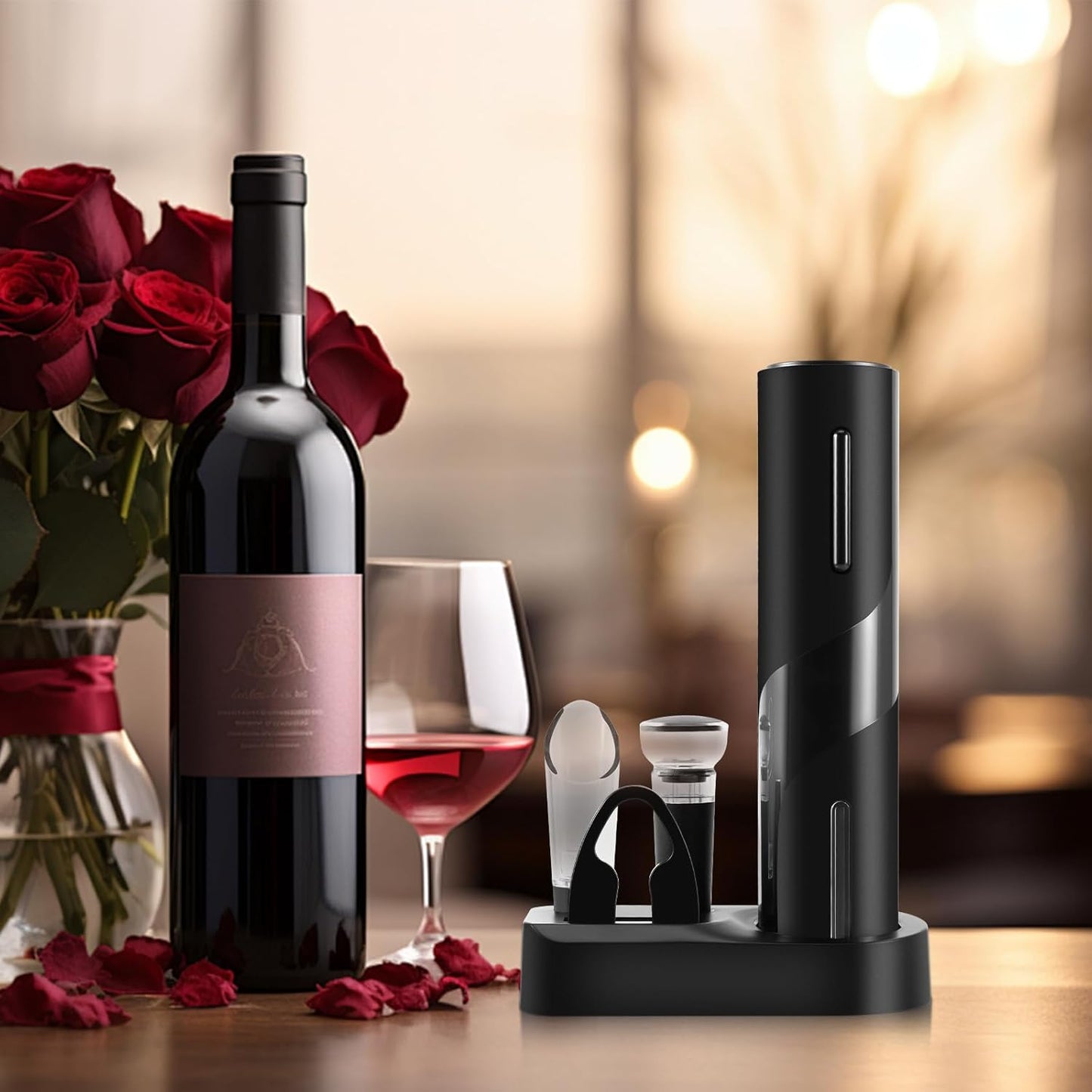 Rechargeable Electric Wine Bottle Opener Set with Stand, Black NEW