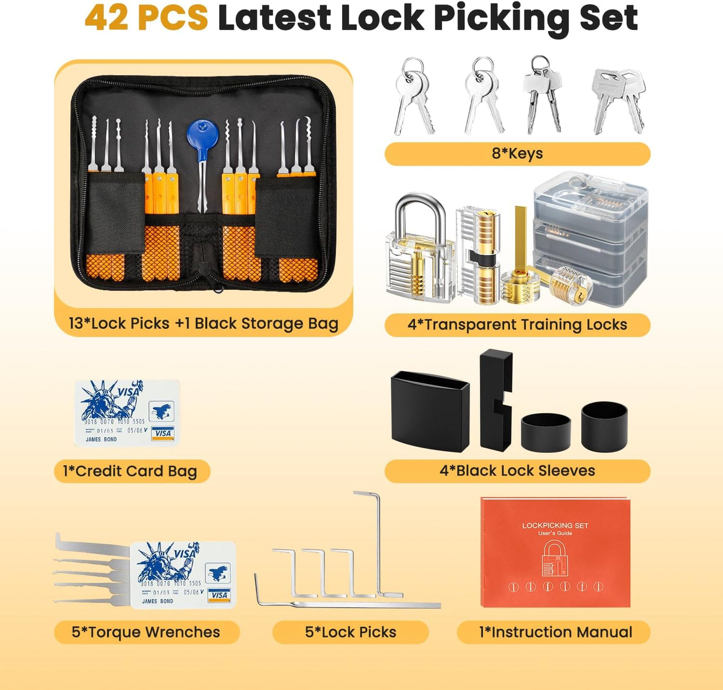 Premium 42-Piece Lock Picking Tools Kit for Keyed Padlocks in Orange - DEMO