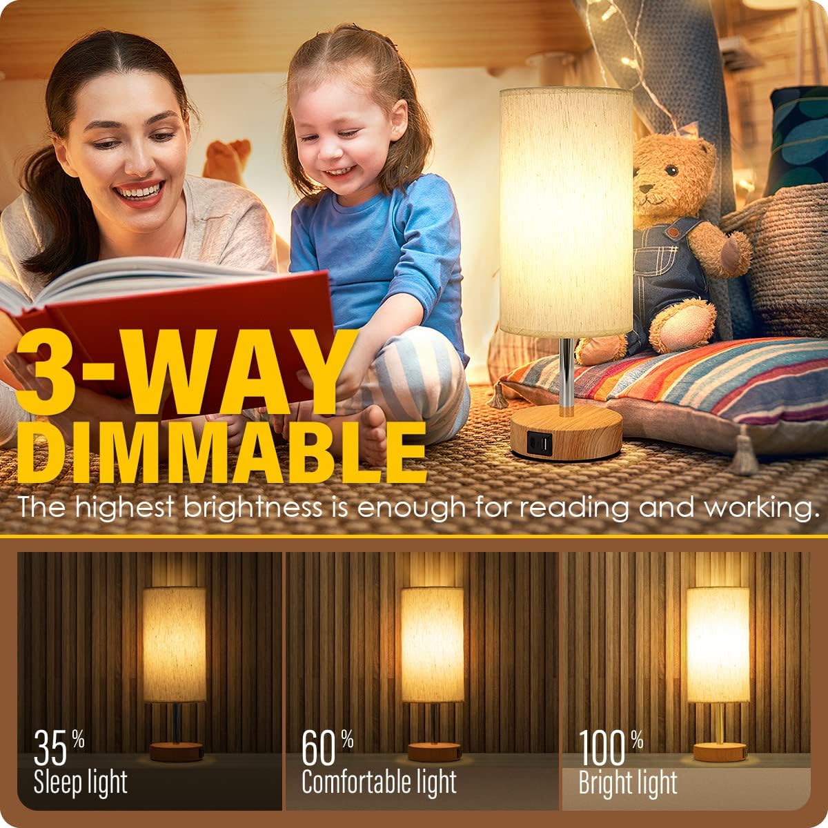 Touch Control Bedside Table Lamp with Dual USB Charging Ports White & Wood DEMO