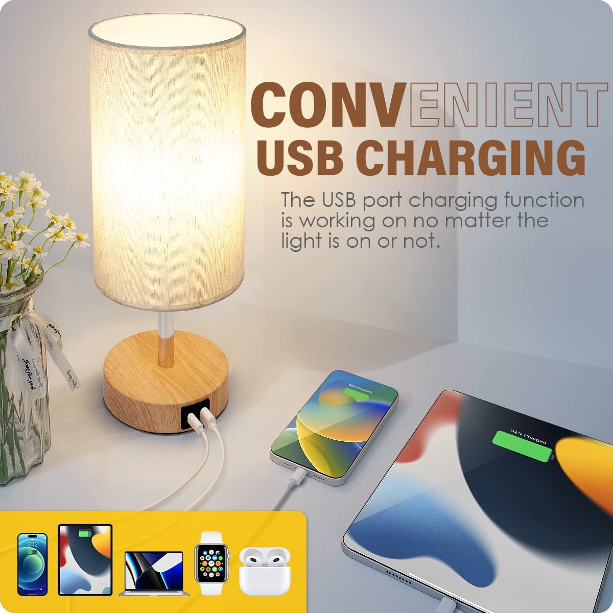 Touch Control Bedside Table Lamp with Dual USB Charging Ports White & Wood DEMO