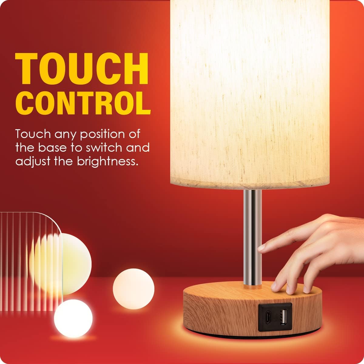 Touch Control Bedside Table Lamp with Dual USB Charging Ports White & Wood DEMO