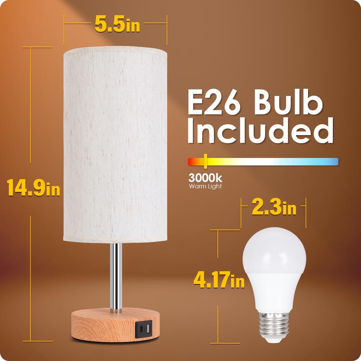 Touch Control Bedside Table Lamp with Dual USB Charging Ports White & Wood DEMO