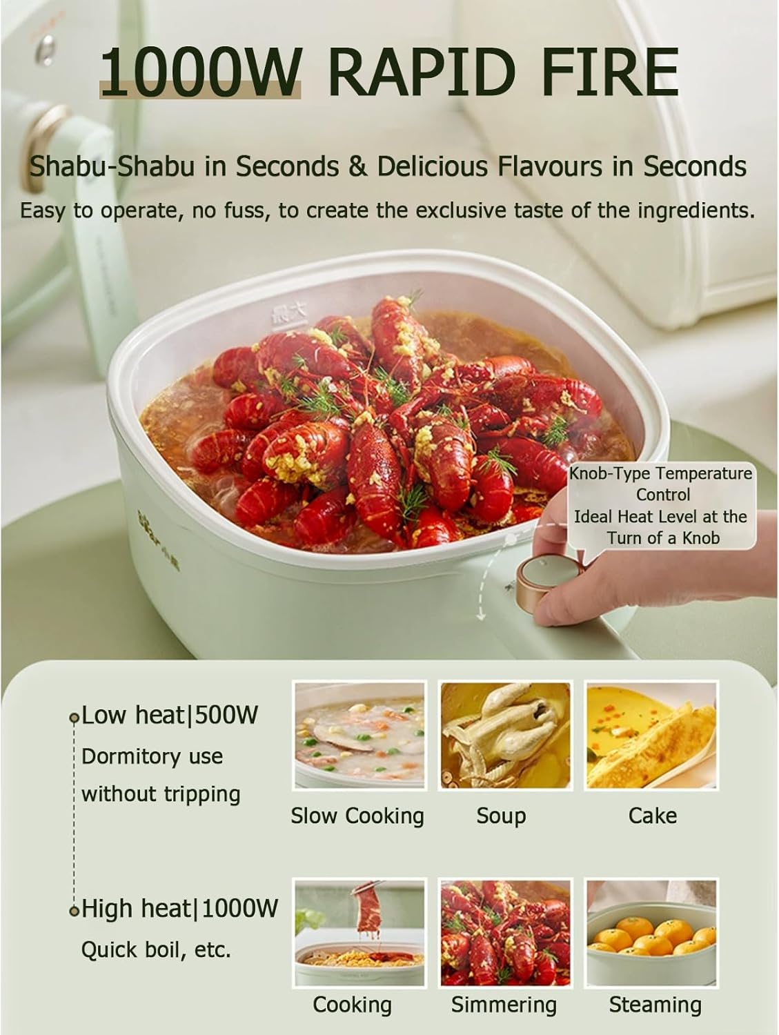 TECHBEAR 3L Electric Hot Pot with Steamer Non-Stick Portable Cooker Green NEW