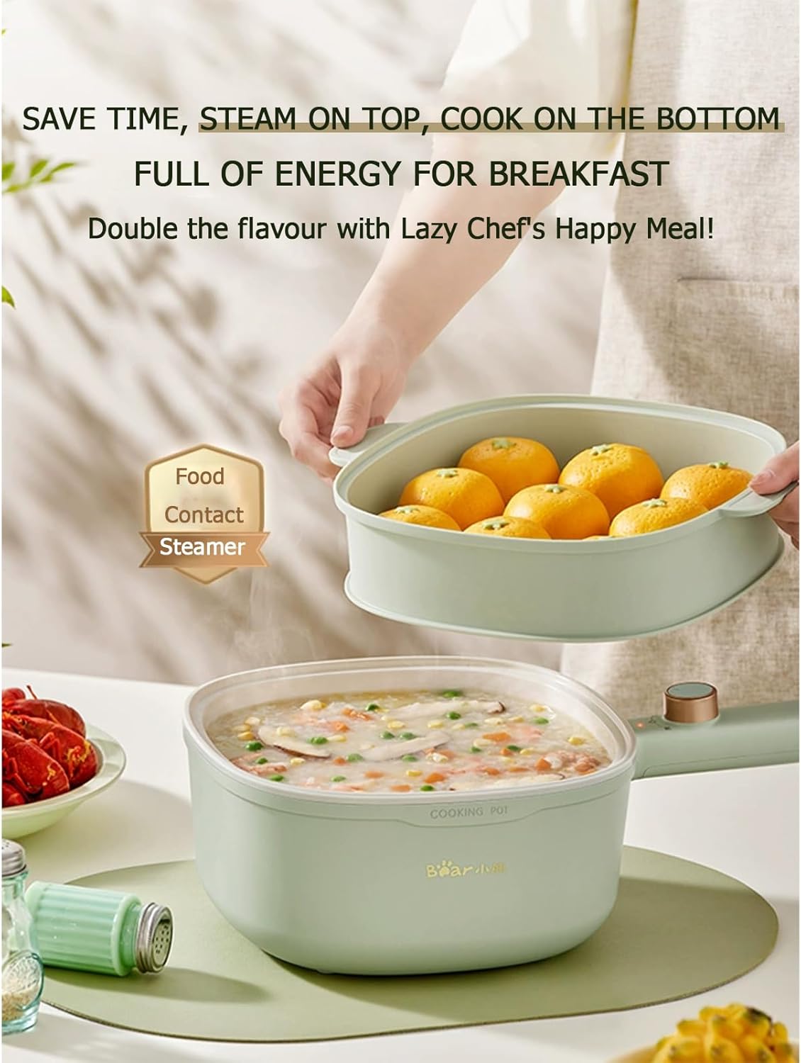 TECHBEAR 3L Electric Hot Pot with Steamer Non-Stick Portable Cooker Green NEW