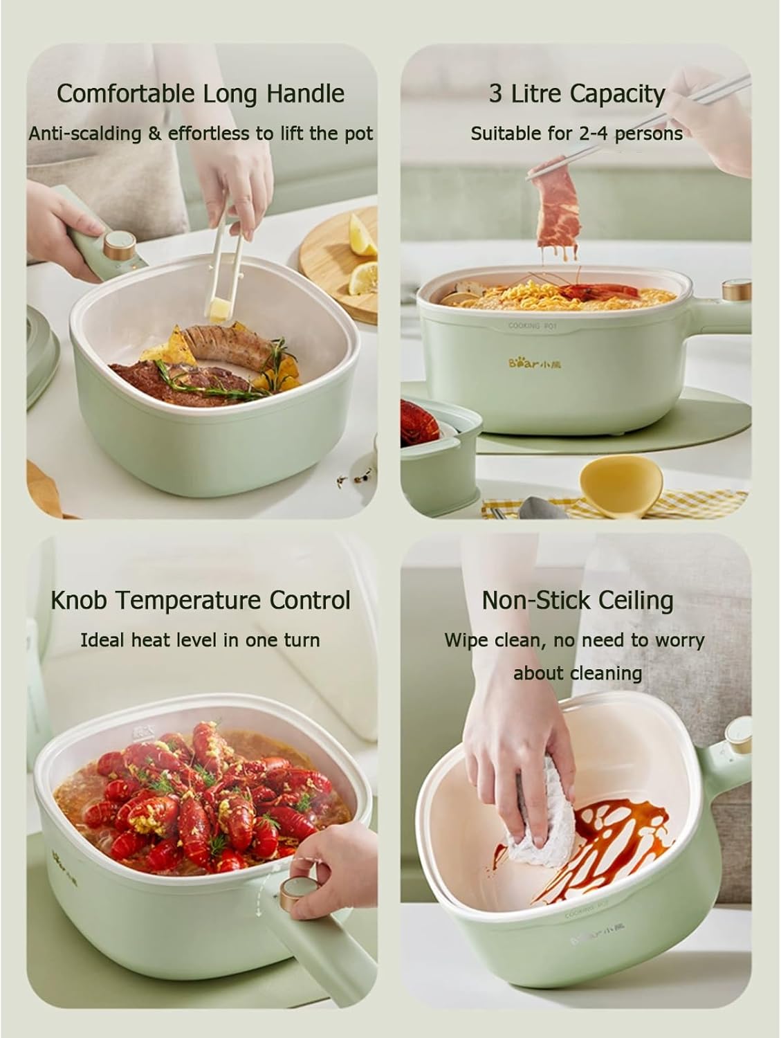 TECHBEAR 3L Electric Hot Pot with Steamer Non-Stick Portable Cooker Green NEW