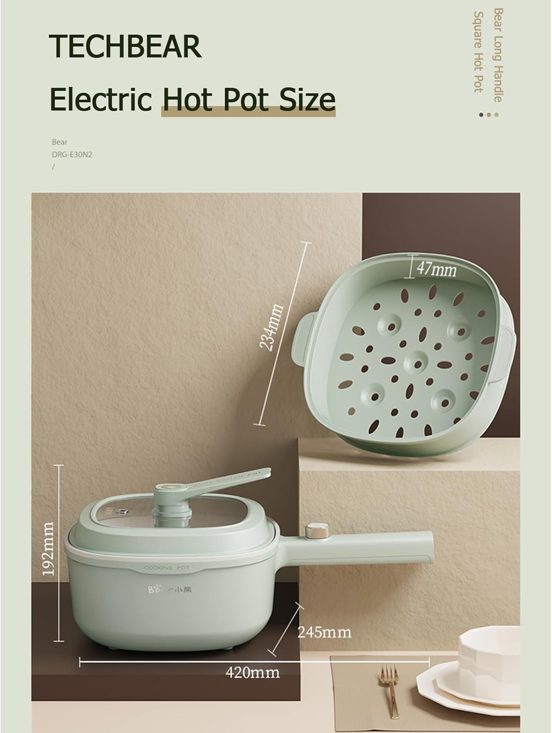 TECHBEAR 3L Electric Hot Pot with Steamer Non-Stick Portable Cooker Green NEW