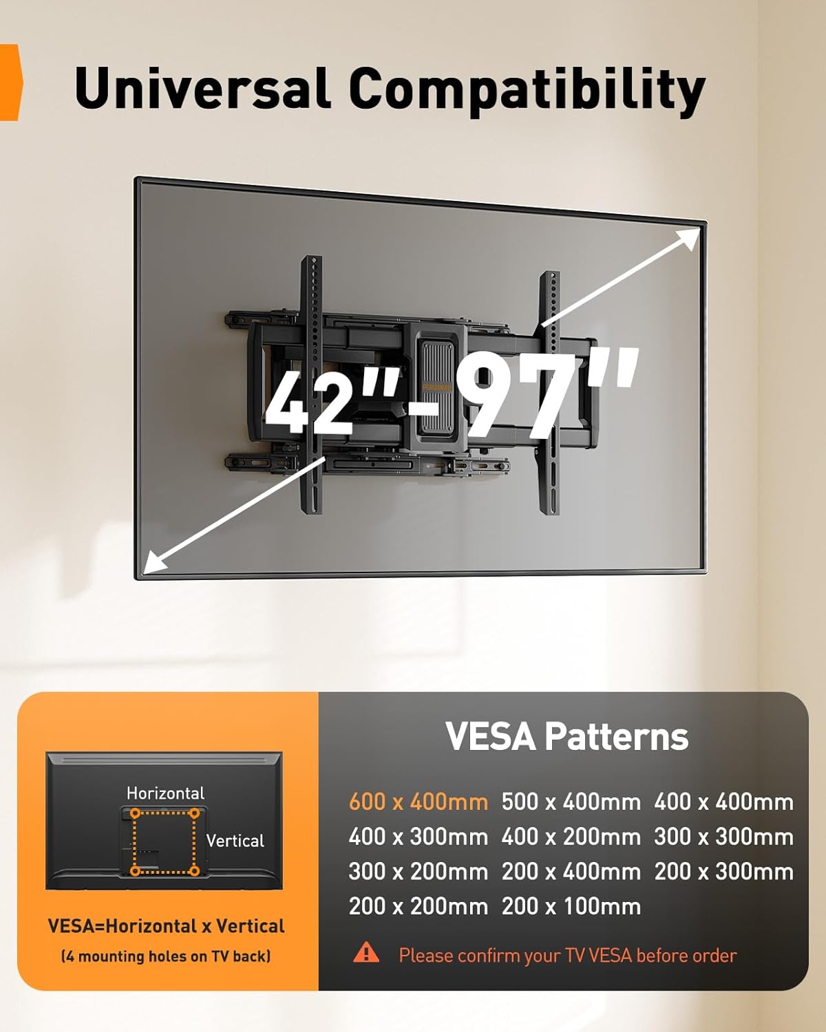 Perlegear Full Motion TV Wall Mount for 42-97 Inch TVs up to 132 lbs Black NEW
