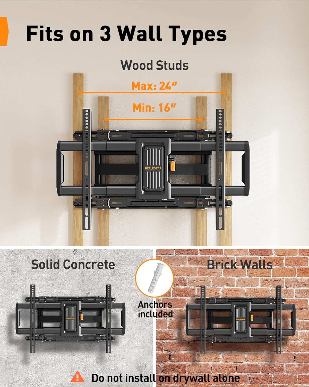 Perlegear Full Motion TV Wall Mount for 42-97 Inch TVs up to 132 lbs Black NEW