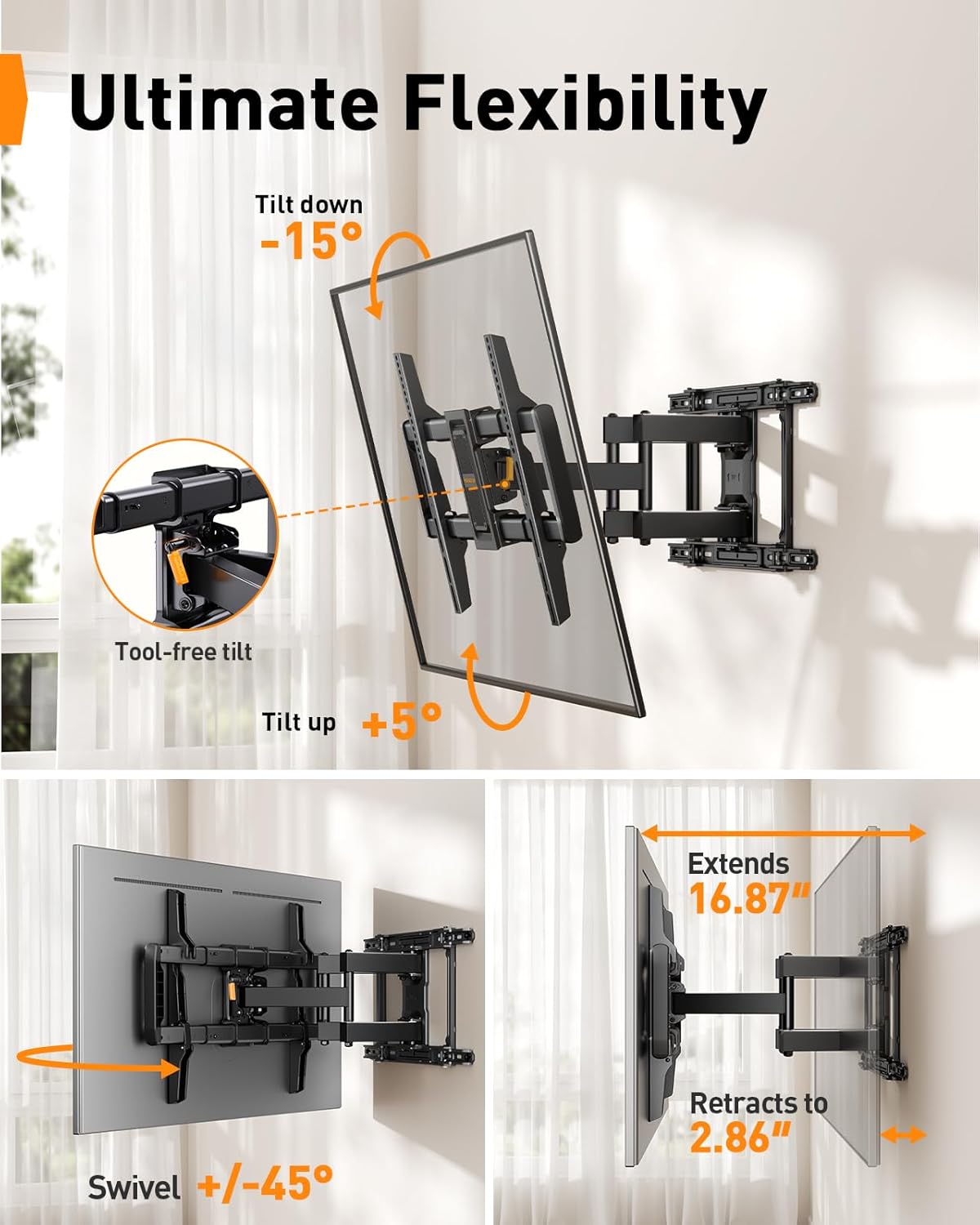 Perlegear Full Motion TV Wall Mount for 42-97 Inch TVs up to 132 lbs Black NEW