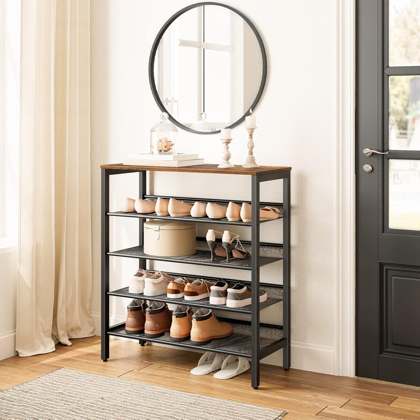 HOOBRO 5-Tier Adjustable Shoe Storage Rack Rustic Brown Black Size DEMO