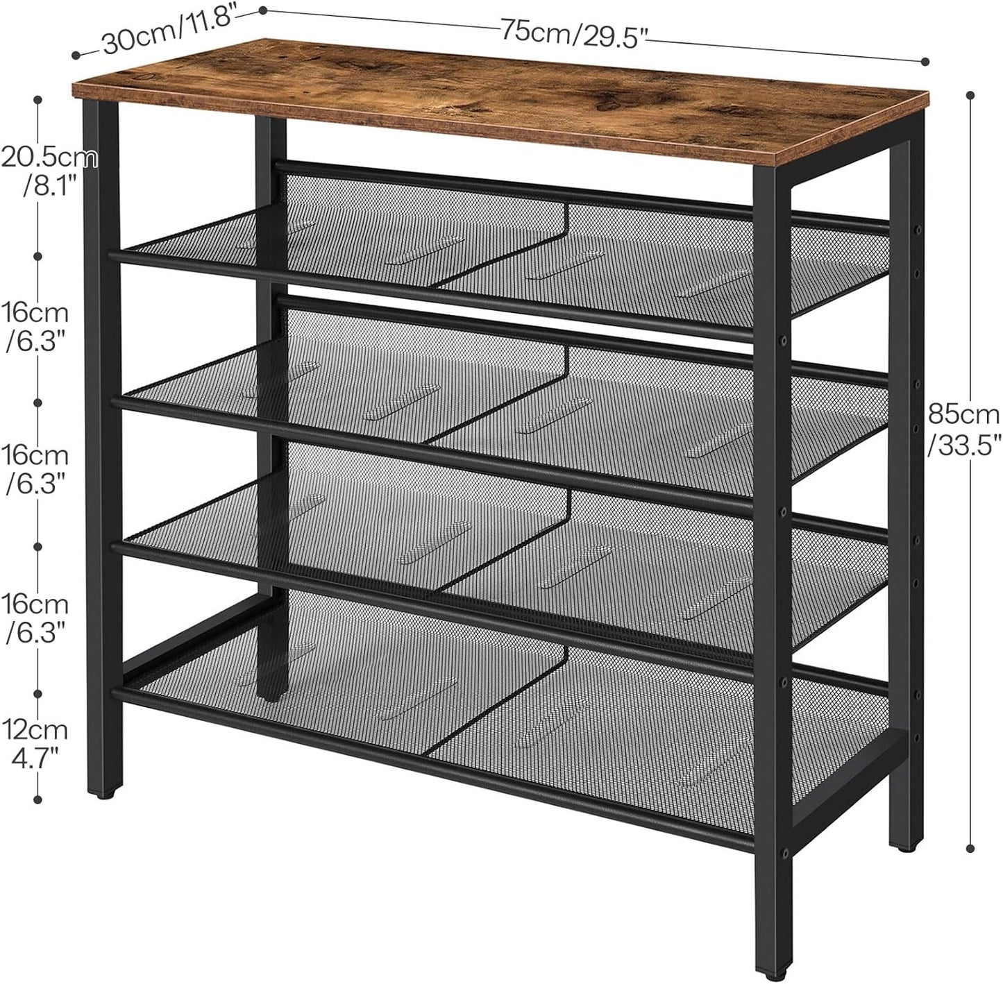 HOOBRO 5-Tier Adjustable Shoe Storage Rack Rustic Brown Black Size DEMO
