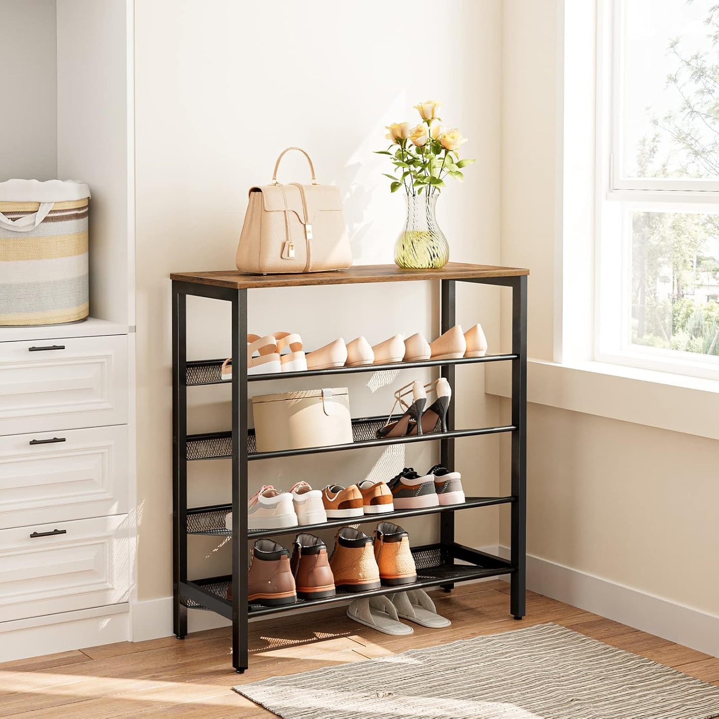 HOOBRO 5-Tier Adjustable Shoe Storage Rack Rustic Brown Black Size DEMO