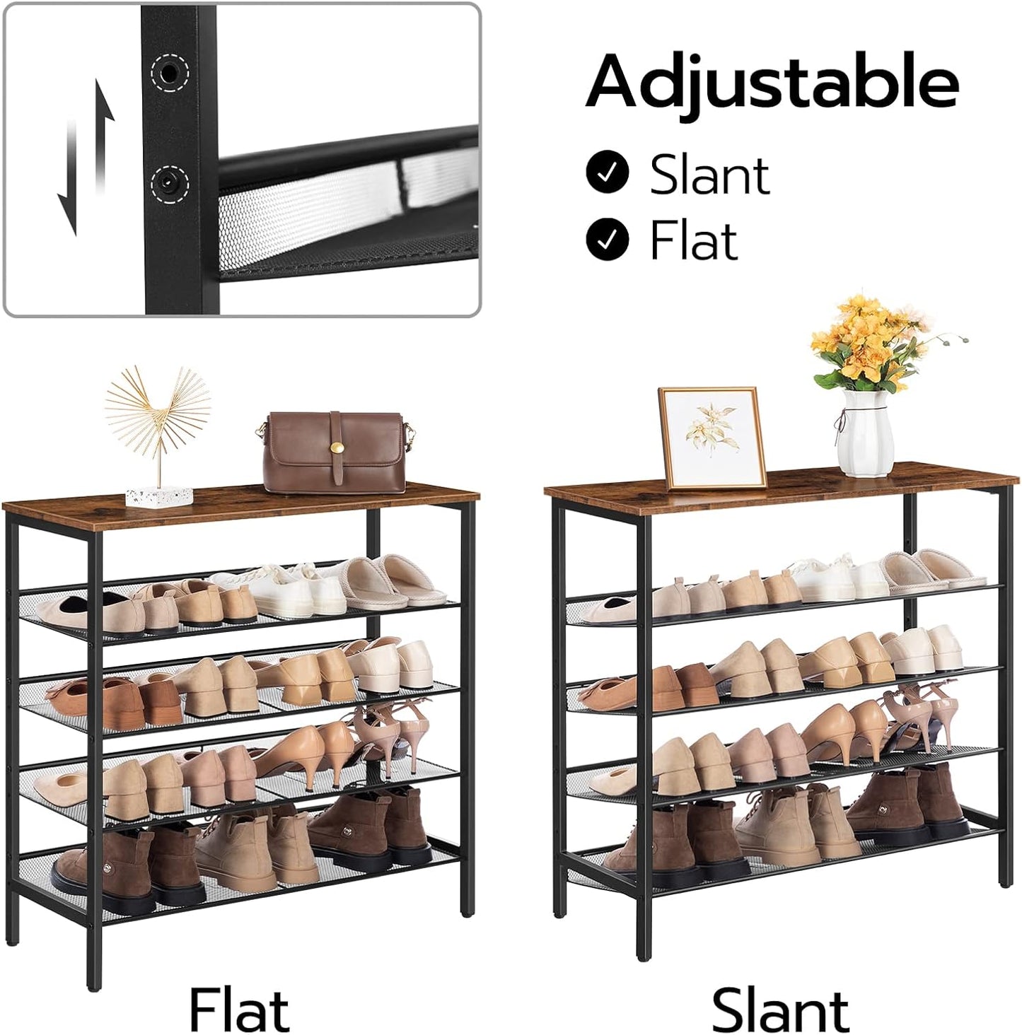 HOOBRO 5-Tier Adjustable Shoe Storage Rack Rustic Brown Black Size DEMO