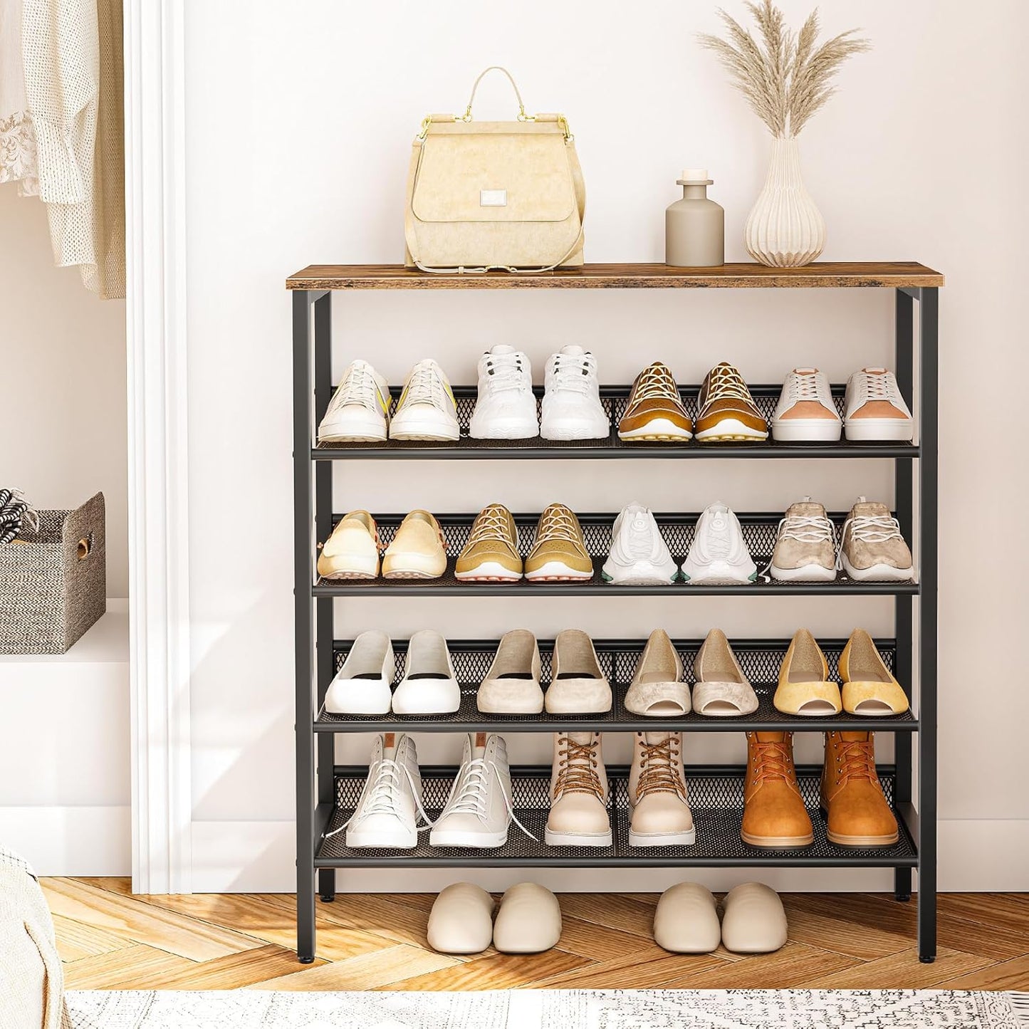 HOOBRO 5-Tier Adjustable Shoe Storage Rack Rustic Brown Black Size DEMO