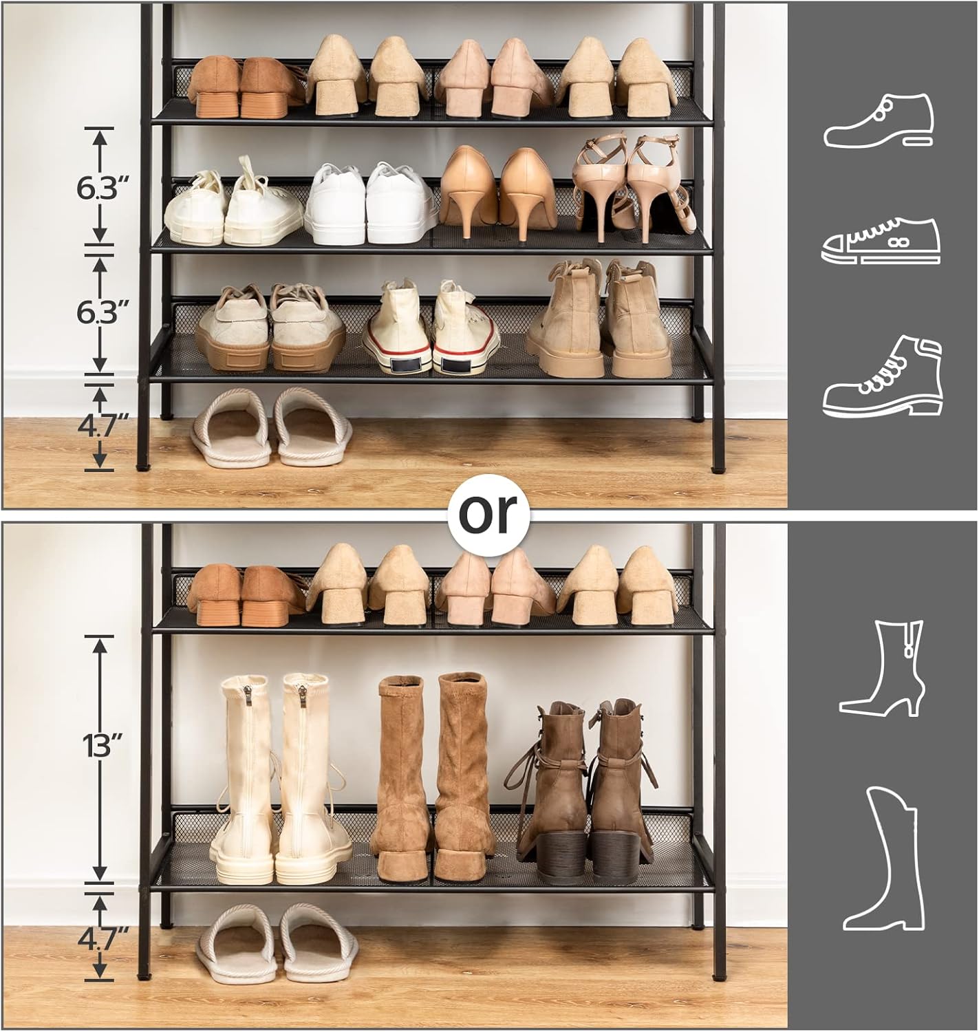 HOOBRO 5-Tier Adjustable Shoe Storage Rack Rustic Brown Black Size DEMO