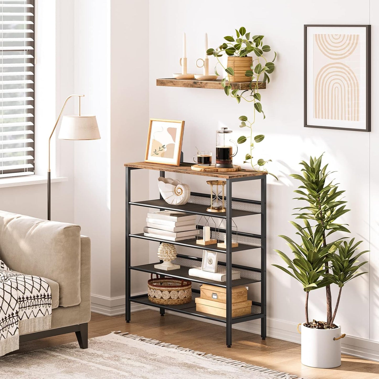 HOOBRO 5-Tier Adjustable Shoe Storage Rack Rustic Brown Black Size DEMO