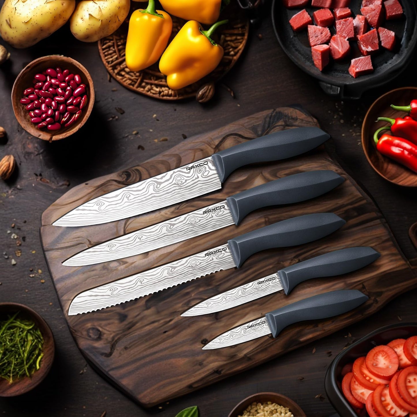 RAXCO 10-Piece Stainless Steel Kitchen Knife Set with Compact Black & NEW