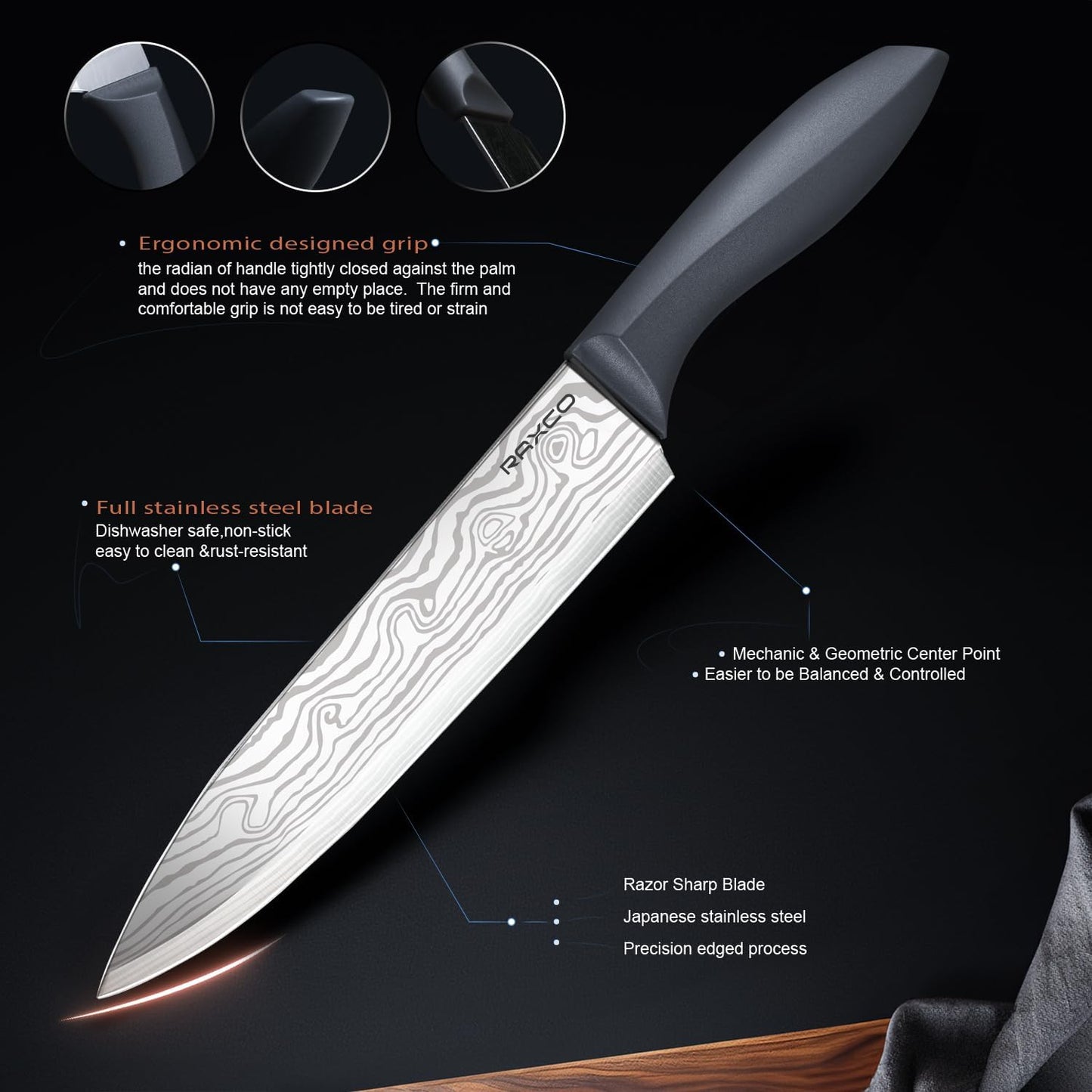 RAXCO 10-Piece Stainless Steel Kitchen Knife Set with Compact Black & NEW