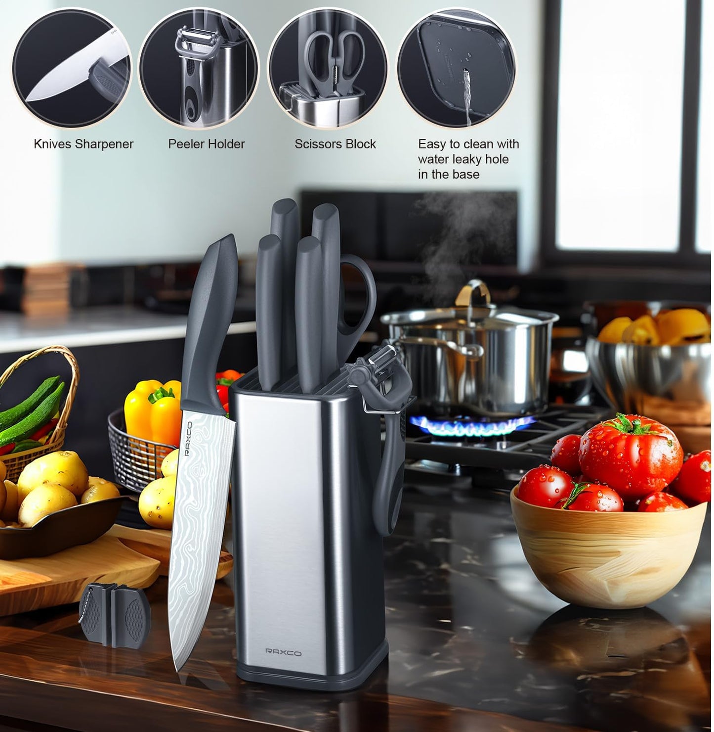 RAXCO 10-Piece Stainless Steel Kitchen Knife Set with Compact Black & NEW