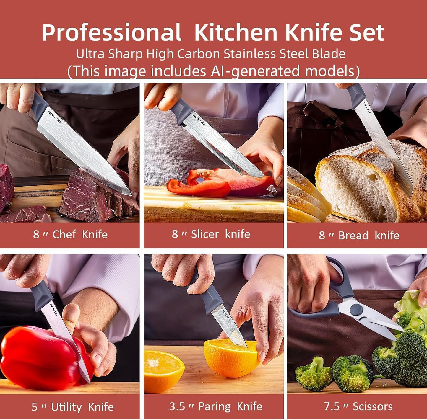 RAXCO 10-Piece Stainless Steel Kitchen Knife Set with Compact Black & NEW