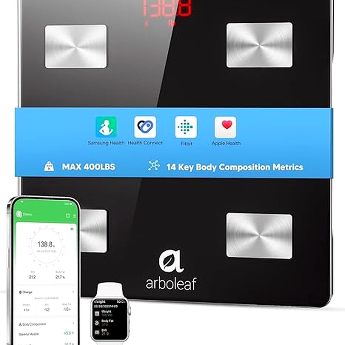 arboleaf Smart Body Composition Scale 8 Electrode Tempered Glass Charcoal NEW