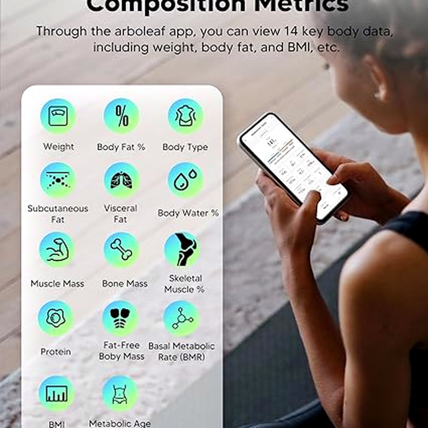 arboleaf Smart Body Composition Scale 8 Electrode Tempered Glass Charcoal NEW
