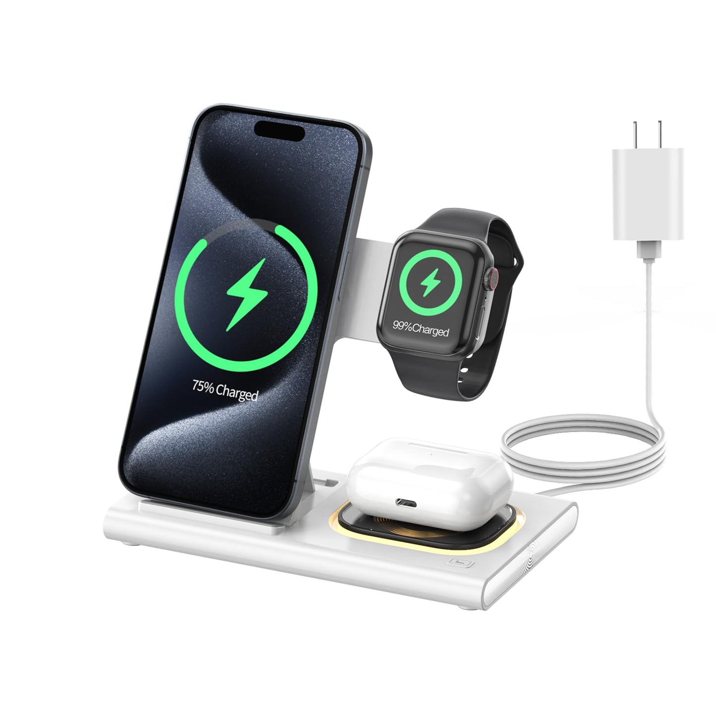 3-in-1 Foldable Fast Wireless Charging Station for Smartphones, White DEMO