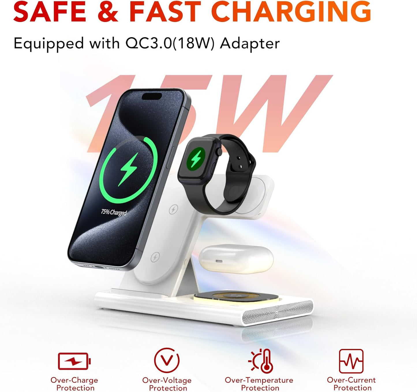 3-in-1 Foldable Fast Wireless Charging Station for Smartphones, White DEMO
