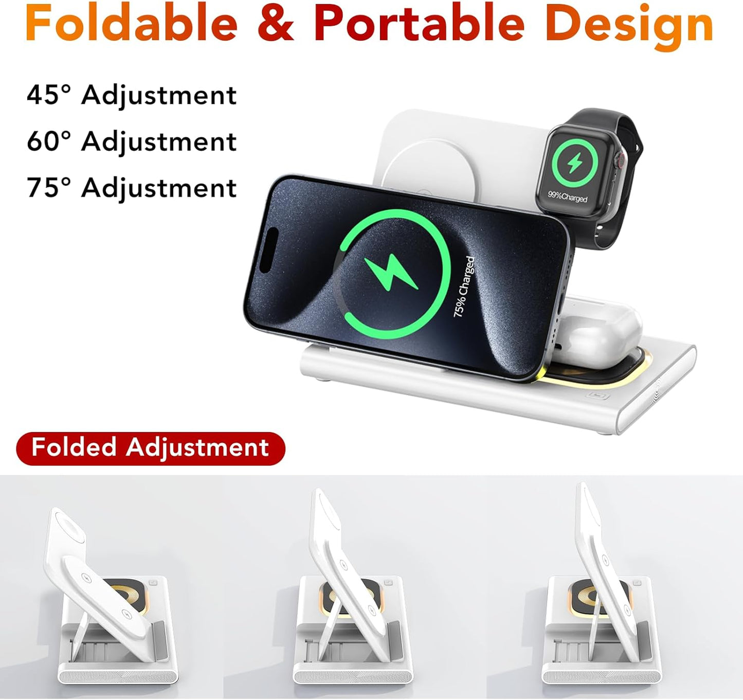 3-in-1 Foldable Fast Wireless Charging Station for Smartphones, White DEMO