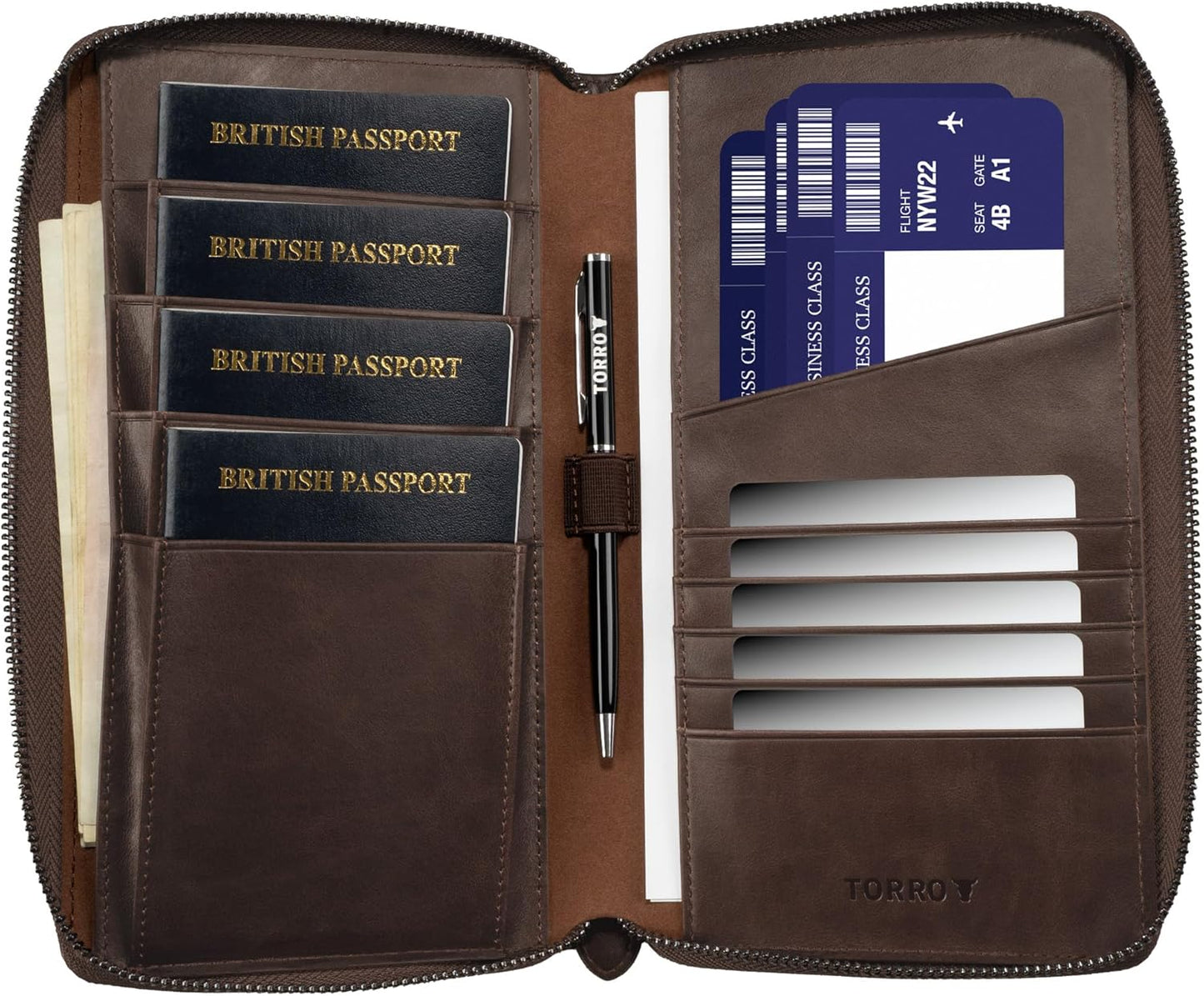 TORRO Premium Leather Travel Organizer Passport Holder Wallet Dark Brown NEW
