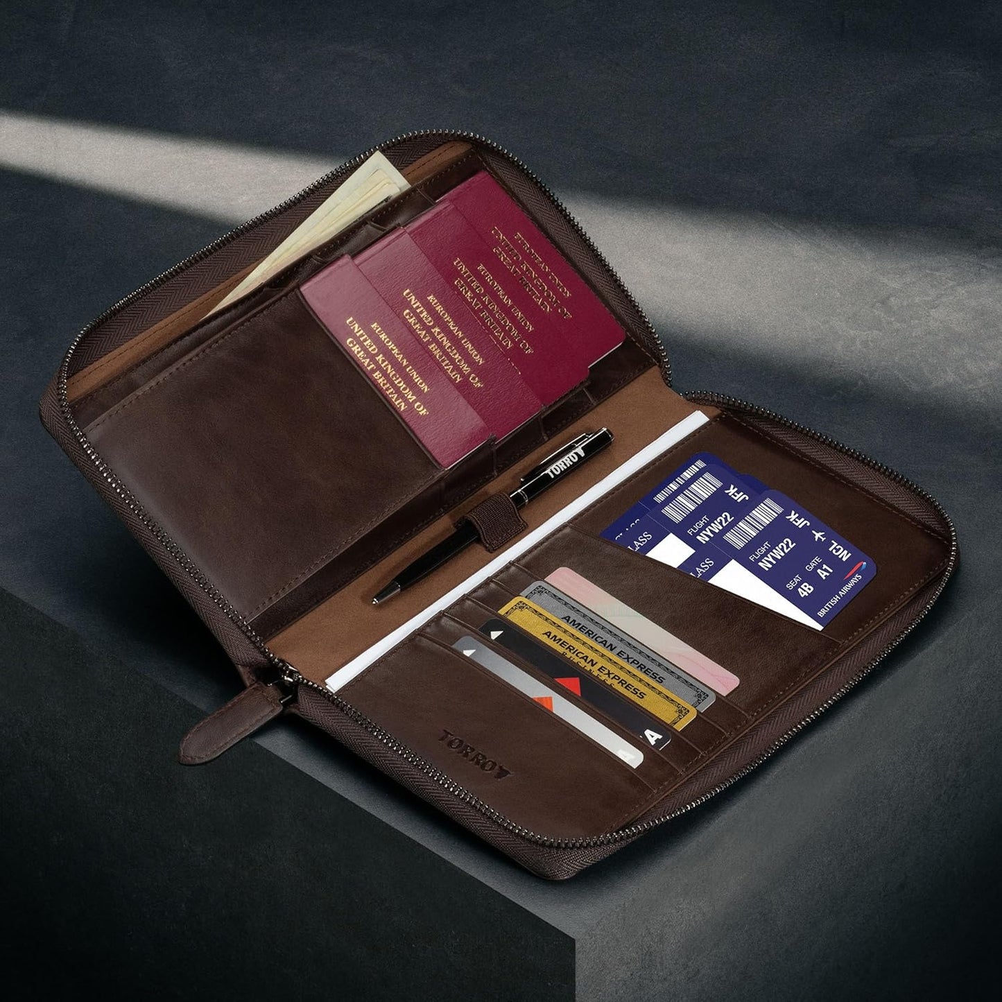 TORRO Premium Leather Travel Organizer Passport Holder Wallet Dark Brown NEW