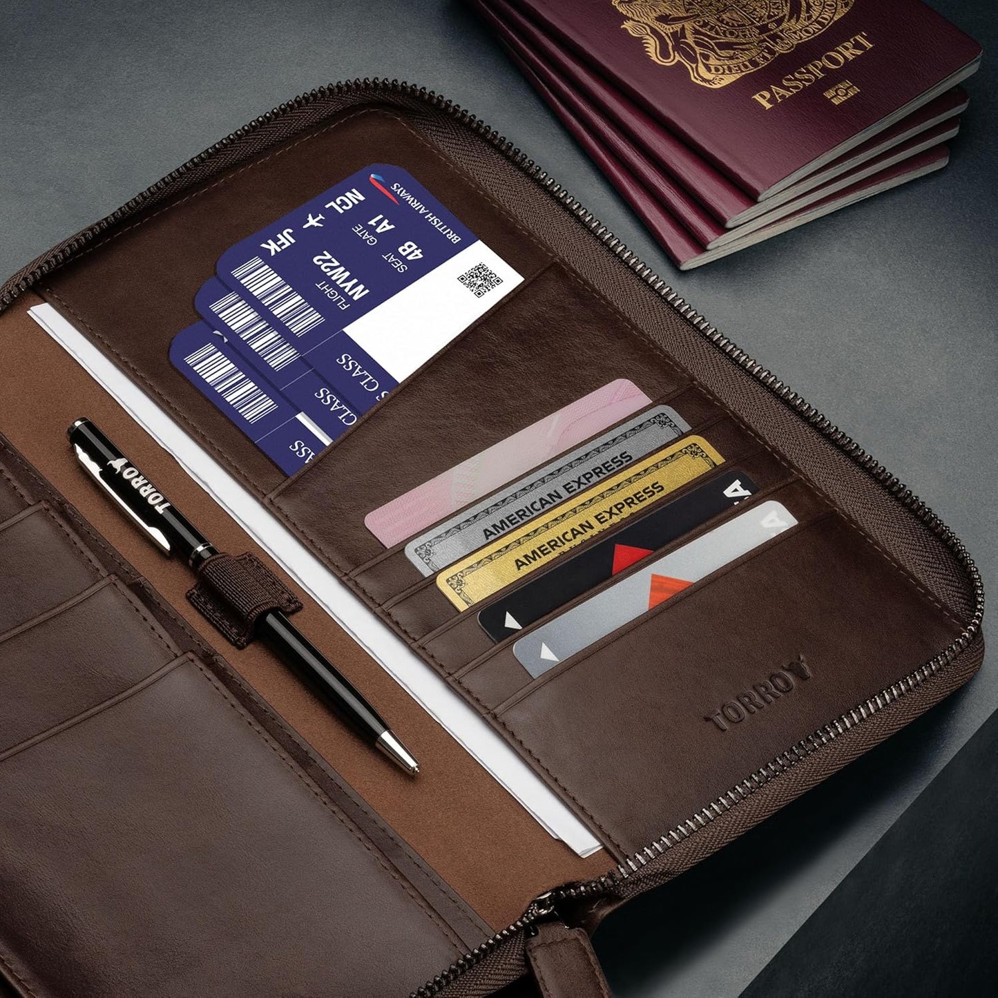 TORRO Premium Leather Travel Organizer Passport Holder Wallet Dark Brown NEW