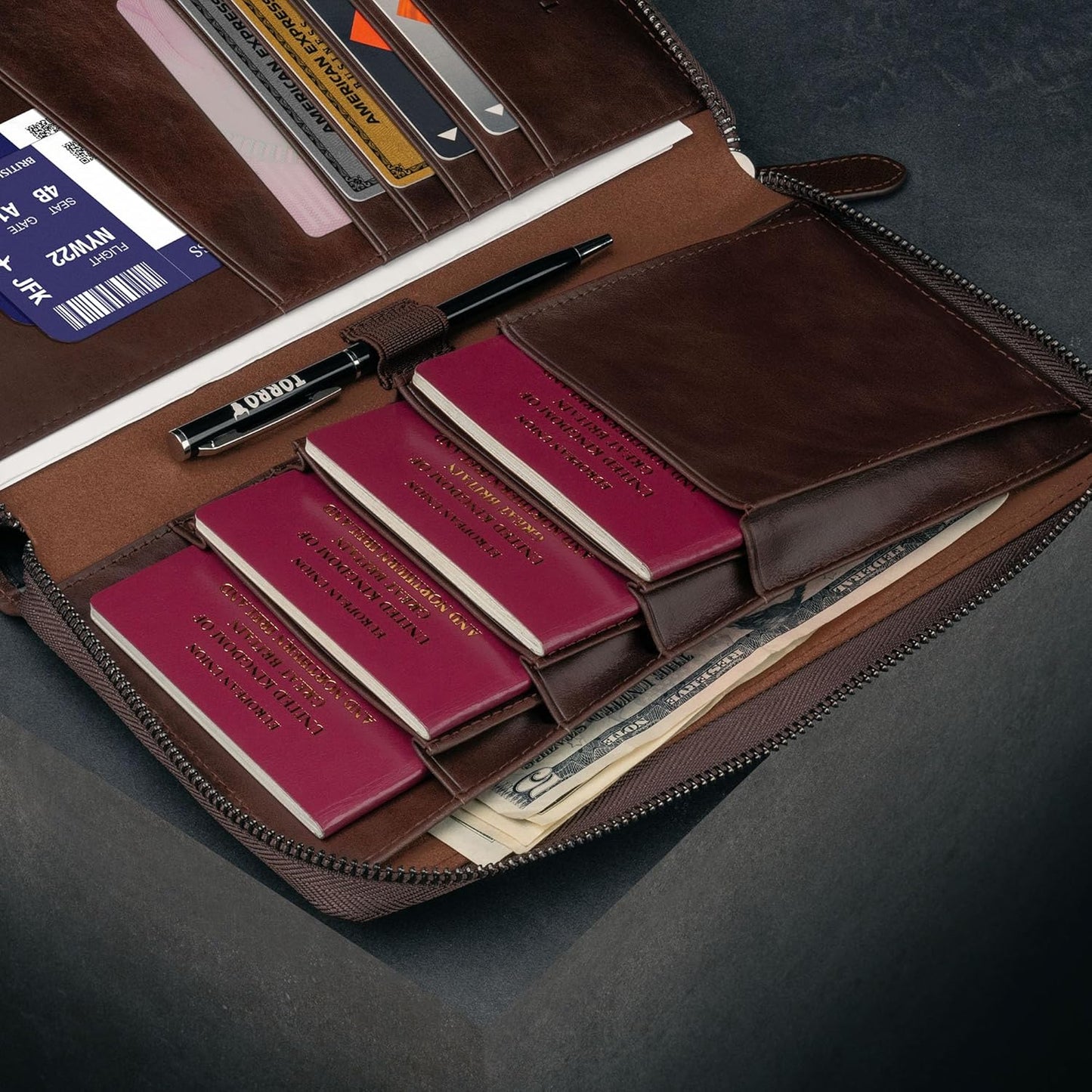 TORRO Premium Leather Travel Organizer Passport Holder Wallet Dark Brown NEW