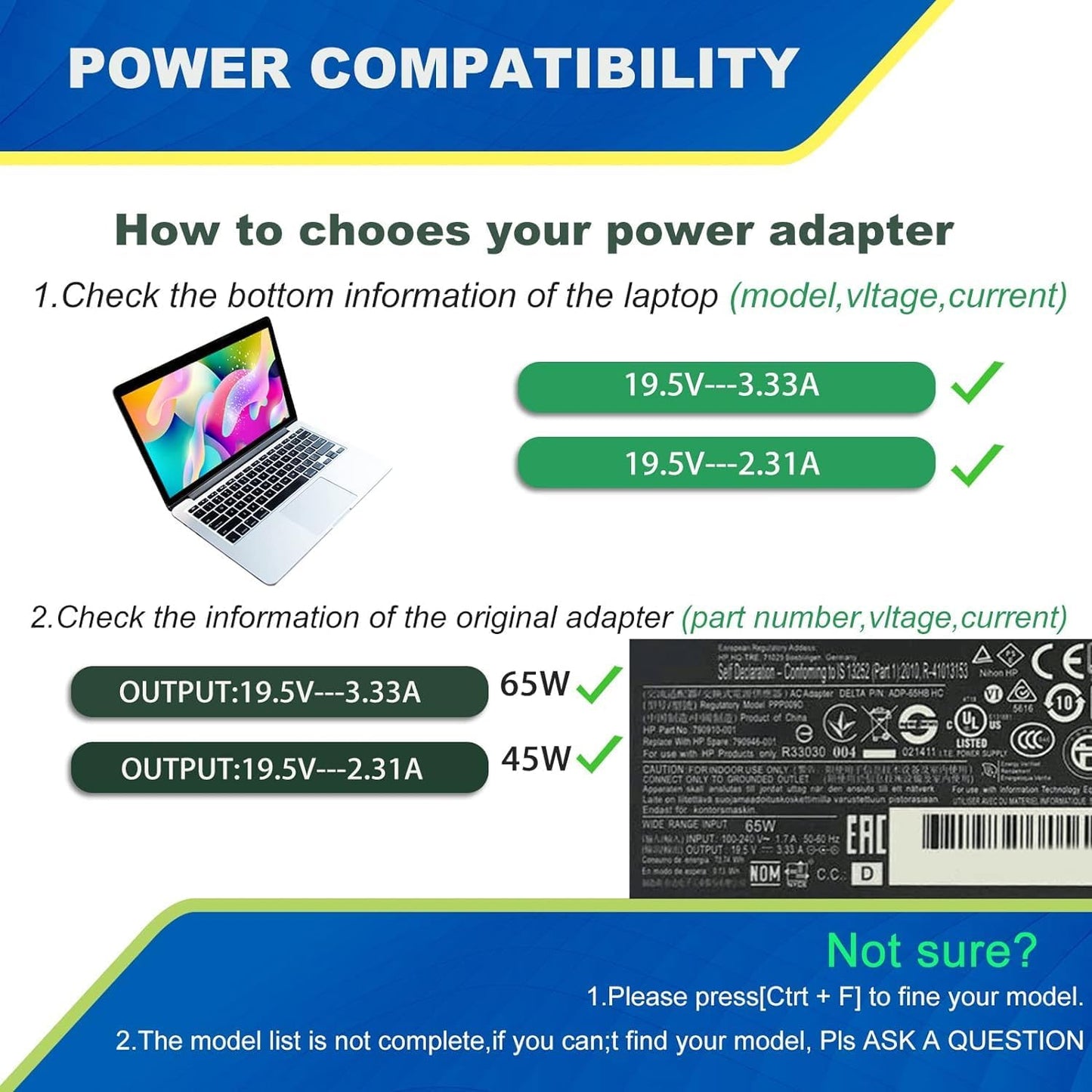 65W 45W Black Laptop Charger for HP Pavilion Envy Spectre EliteBook DEMO