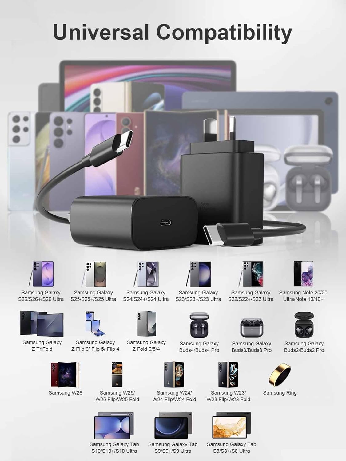 Super Fast Mains Chargers USB-C Charger for Samsung Galaxy - Black 2M/6.6Ft NEW
