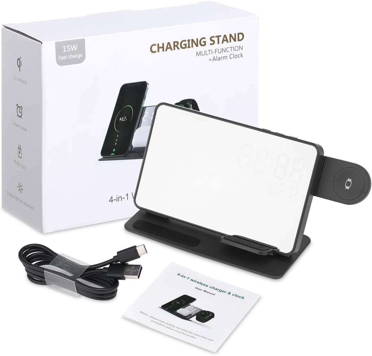 4-in-1 Wireless Charging Station with LED Lights for Qi Induction Chargers NEW