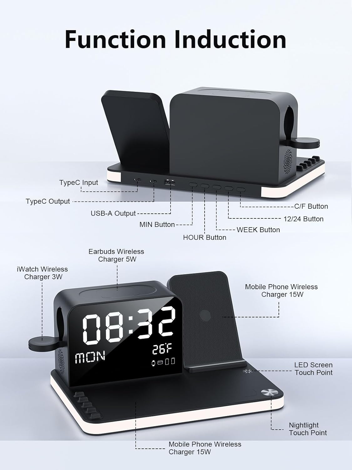 BLKE 7-in-1 Wireless Charging Station with Clock - Black Dock for iPhone, DEMO