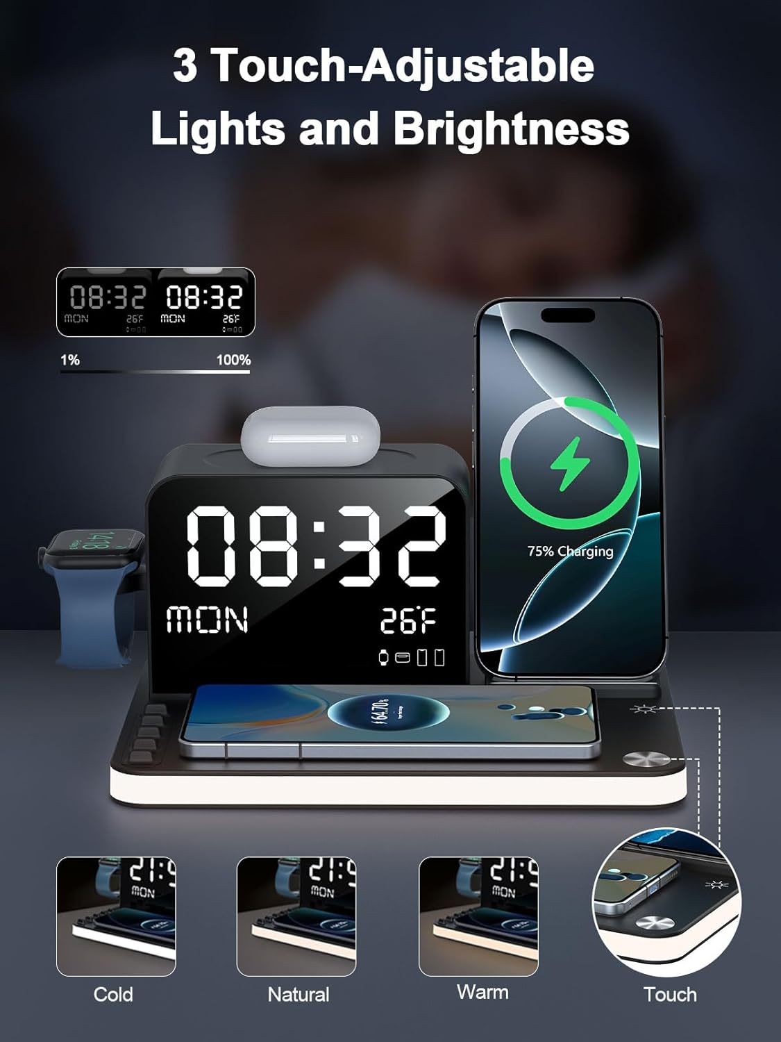 BLKE 7-in-1 Wireless Charging Station with Clock - Black Dock for iPhone, DEMO