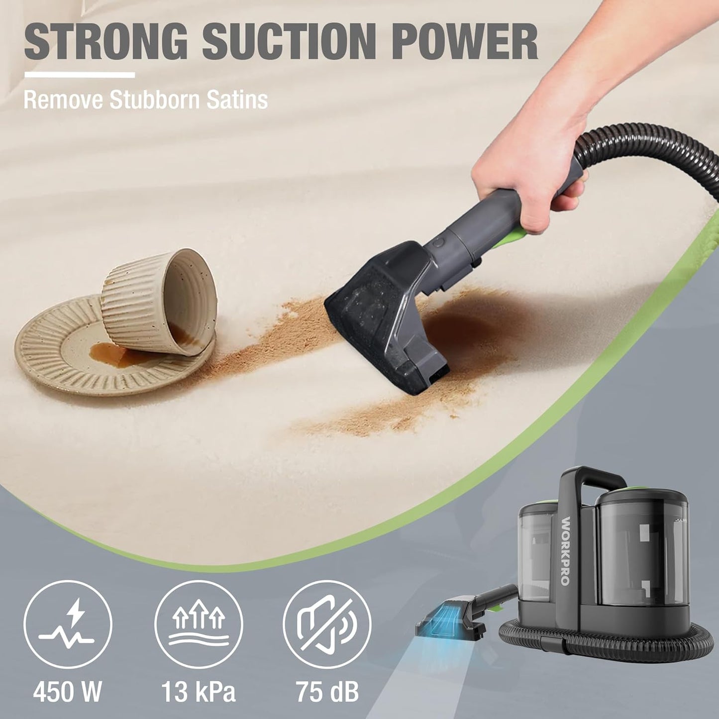 WORKPRO Portable Carpet and Upholstery Spot Cleaner 450W Lightweight Grey DEMO