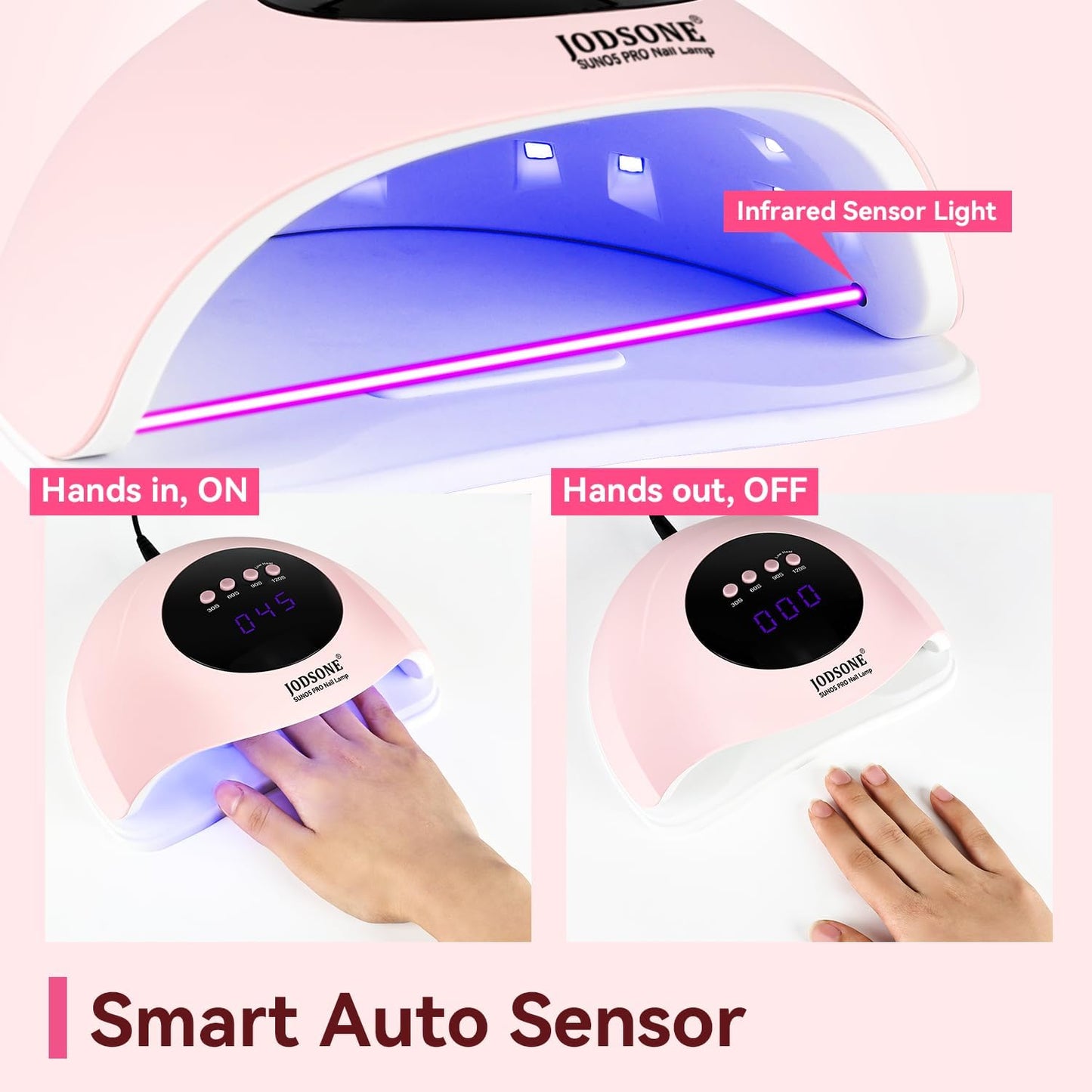 JODSONE UV LED Nail Lamp with 4 Timer Settings, Auto Sensor, Pink Curing NEW
