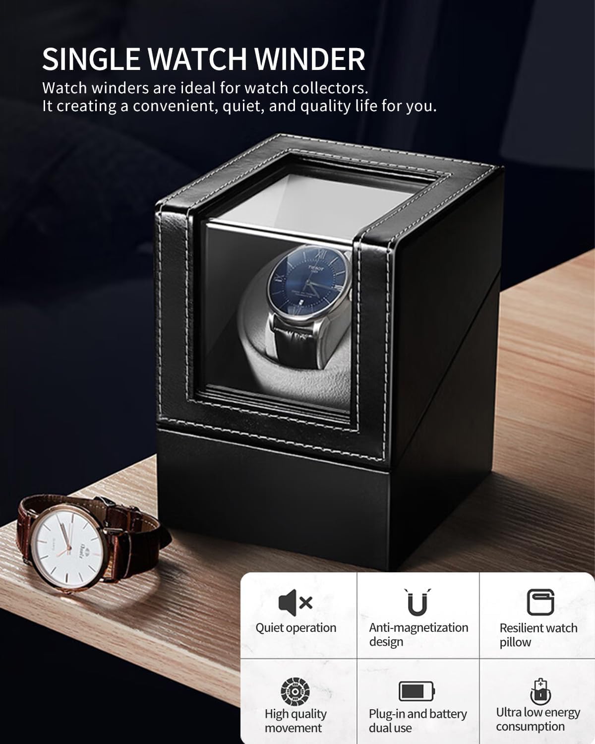 Automatic Single Watch Winder with Quiet Motor, Wood Shell in Black for DEMO
