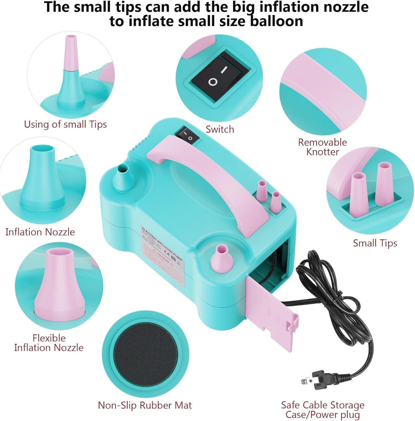 Portable Dual Nozzle Electric Balloon Inflator Teal & Pink Inflation Device NEW