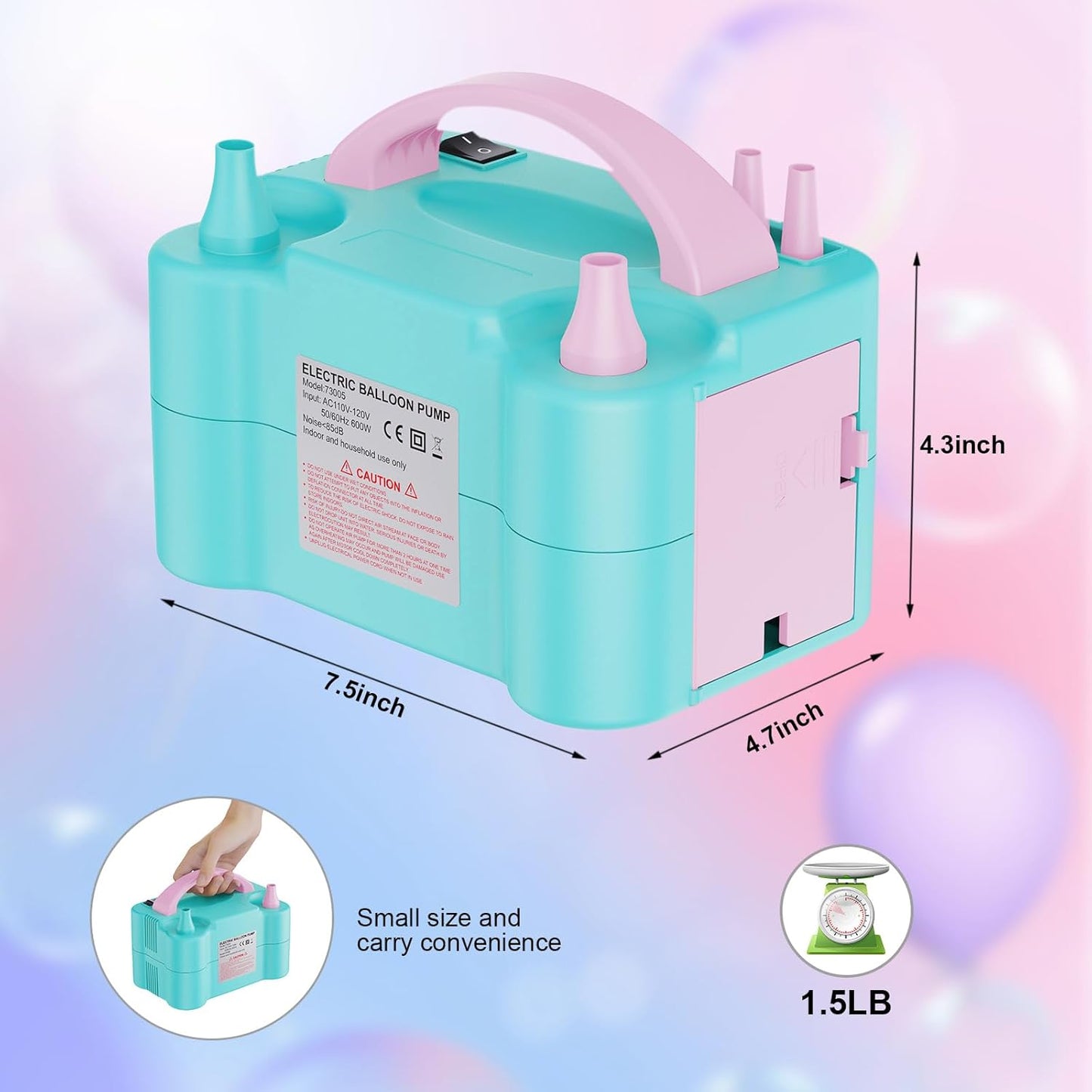 Portable Dual Nozzle Electric Balloon Inflator Teal & Pink Inflation Device NEW