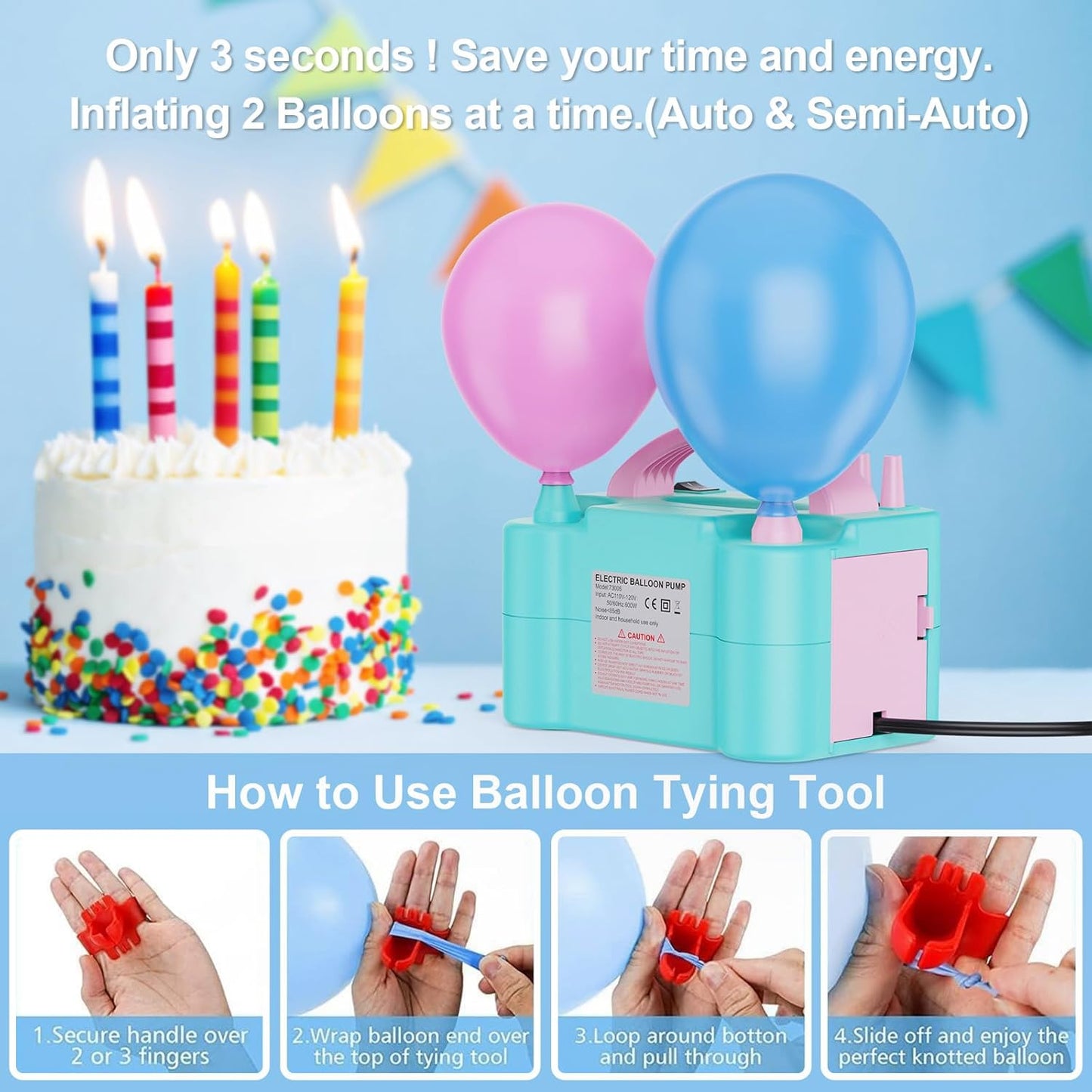 Portable Dual Nozzle Electric Balloon Inflator Teal & Pink Inflation Device NEW