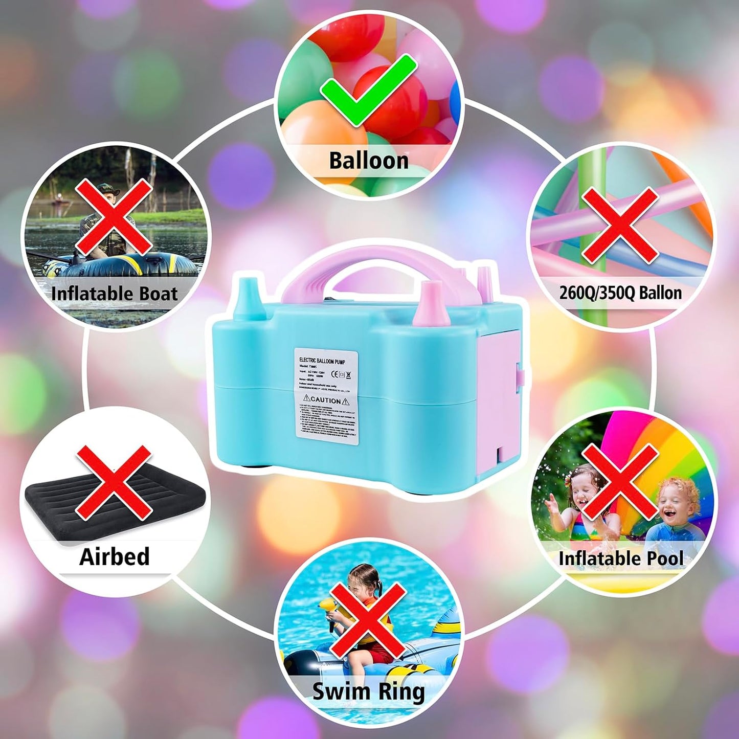 Portable Dual Nozzle Electric Balloon Inflator Teal & Pink Inflation Device NEW