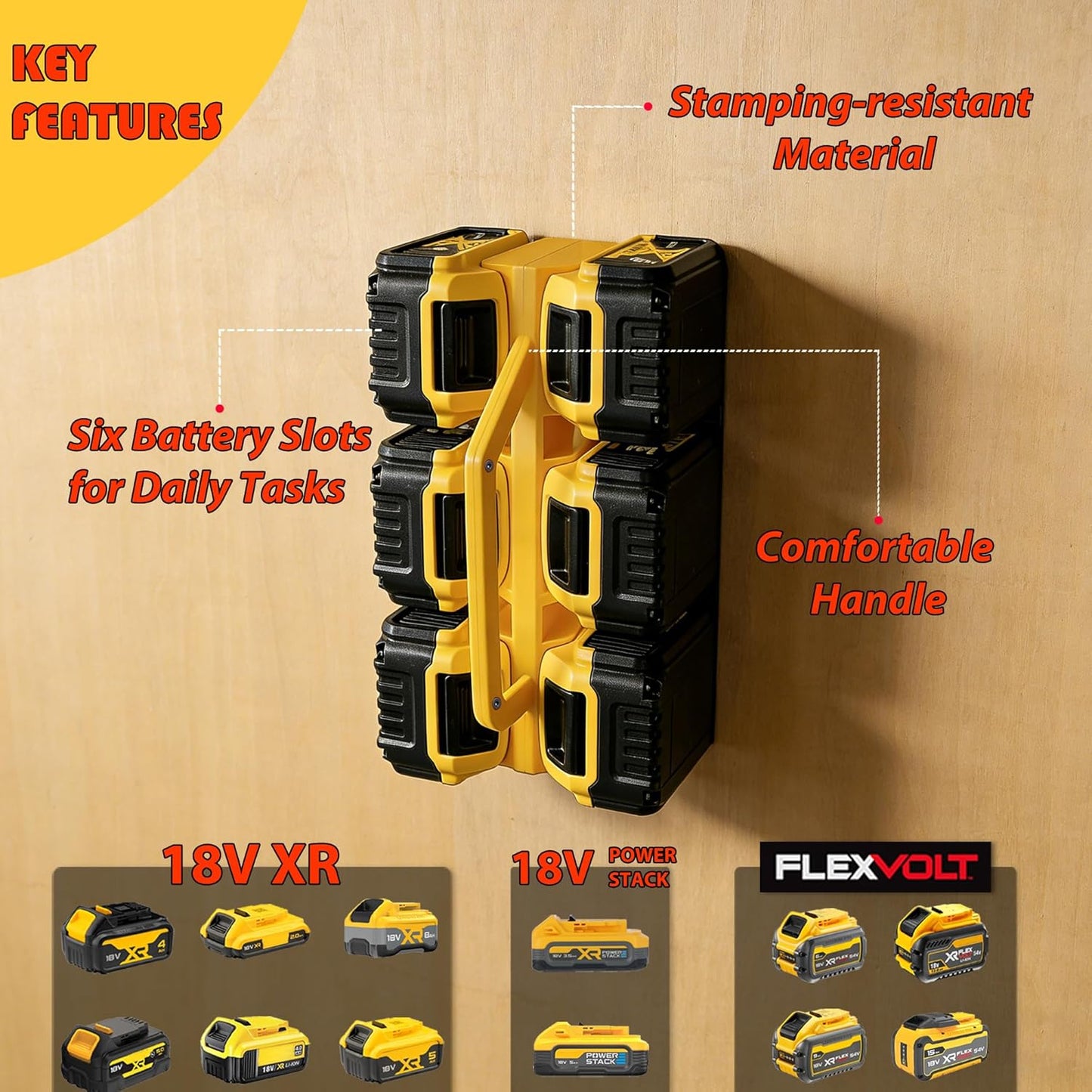 Heavy-Duty 6-Slot Portable Battery Holder Wall Mount in Yellow for Storage DEMO
