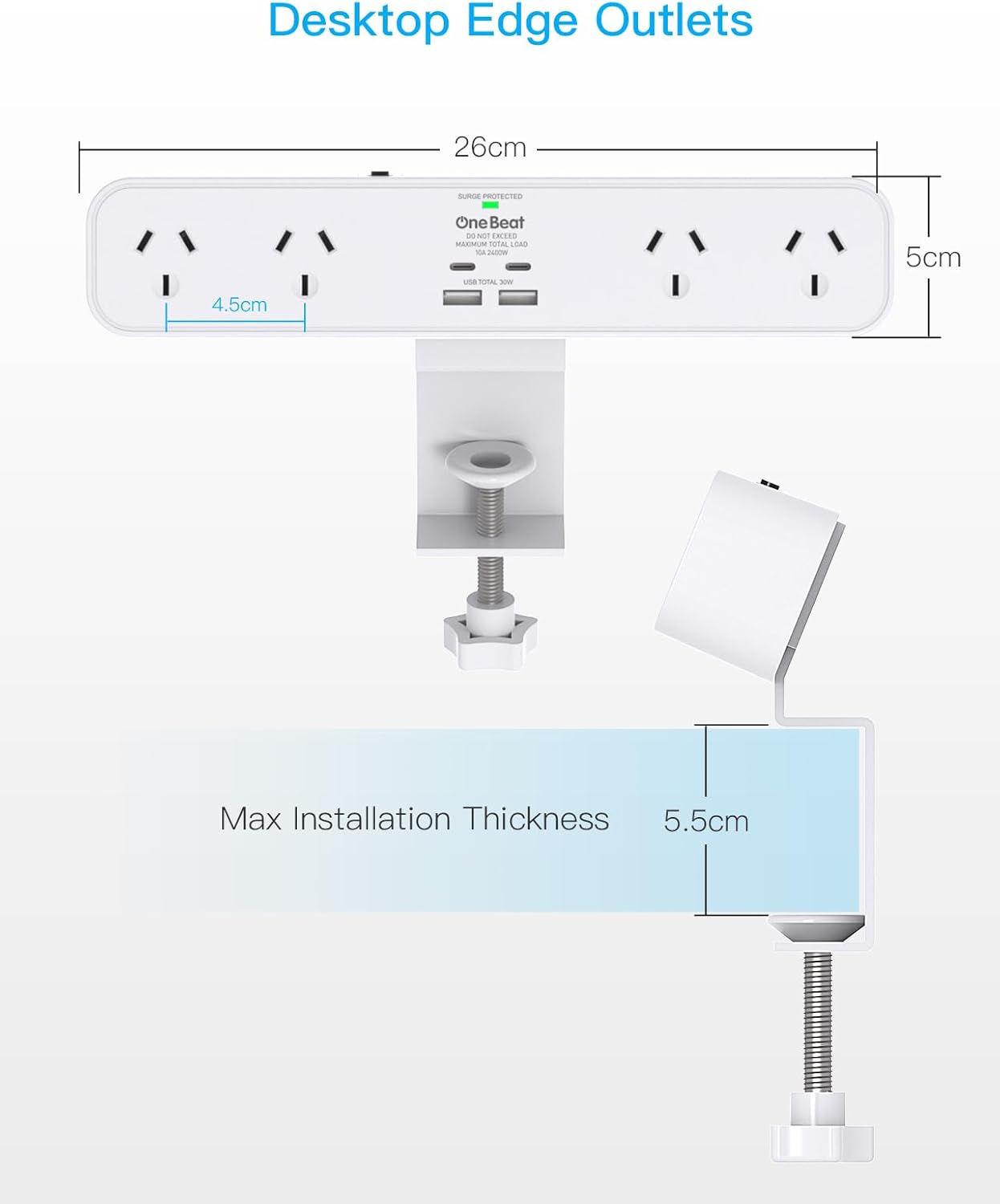 One Beat 6-Outlet Power Strip with USB-C Fast Charging & Desk Clamp, White DEMO