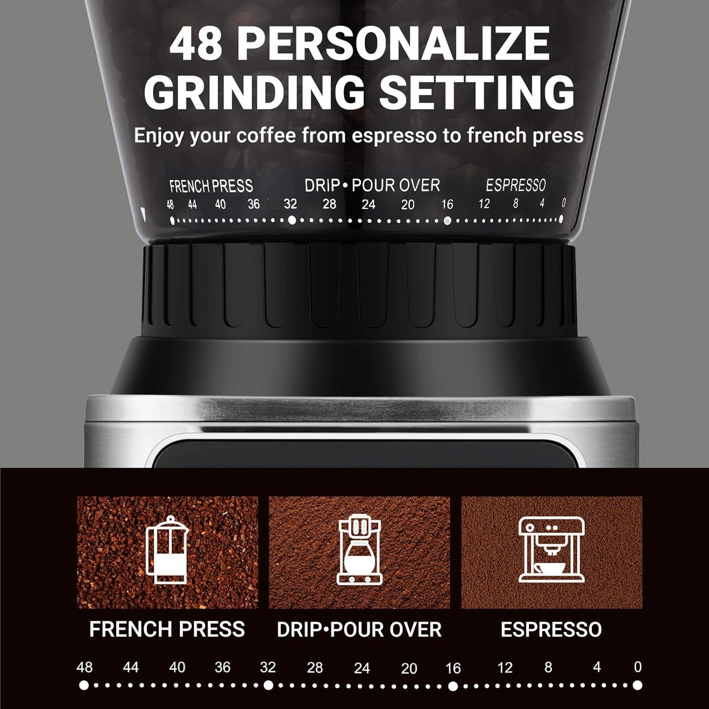 AMZCHEF Electric Coffee Grinder Conical Burr Stainless Steel Precision Grind NEW