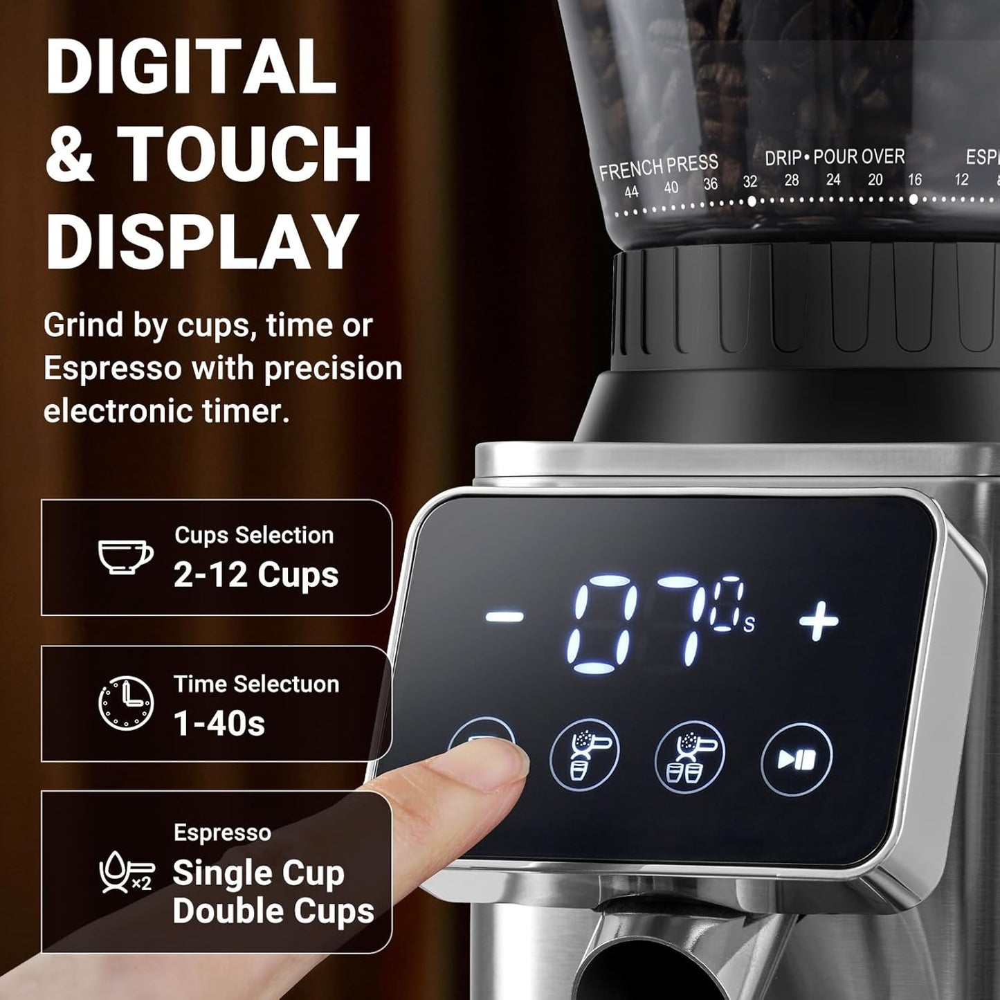 AMZCHEF Electric Coffee Grinder Conical Burr Stainless Steel Precision Grind NEW